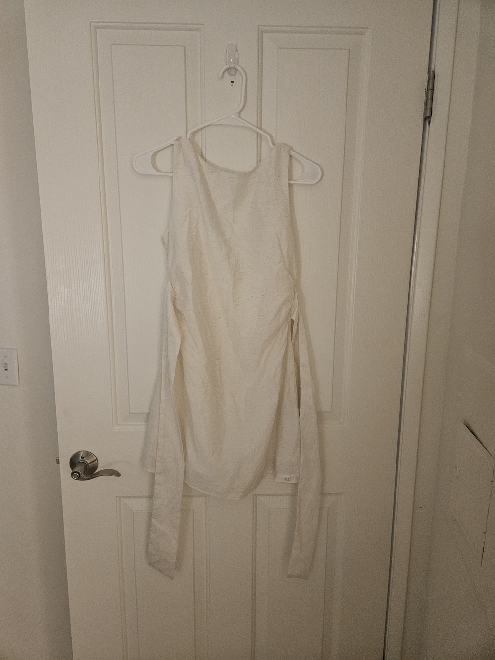Cider High Neck Open Back Cream Linen Shift Dress with Side Ties